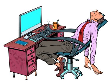 The male manager sleeps at the workplace in the office. A robotic work chair works for a person. Pop Art Retro Vector Illustration 50s 60s Kitsch Vintage Style