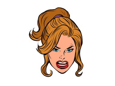 Bir kadının kızgın yüzü, insani duyguları. İnsan kafası. Pop Art Retro Vector Illustration 50 'li 60' lı yılların klasik tarzı