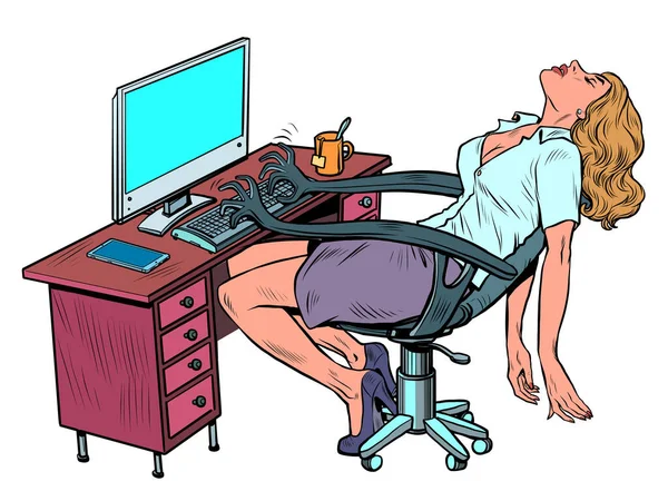 Tired Businesswoman Spt Woman Office Workplace Robot Chair Works Her — 스톡 벡터