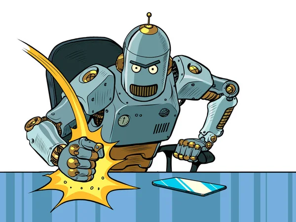 Malvagio Boss Robot Colpisce Tavolo Con Pugno Emozioni Ufficio Arrabbiato — Vettoriale Stock