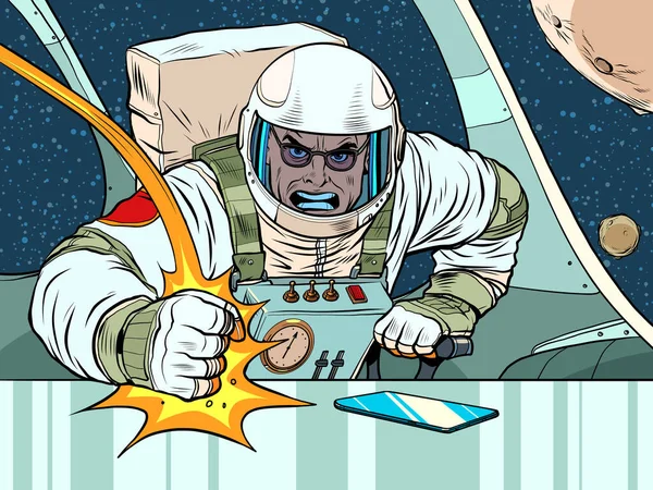 Astronot patronu yumruğuyla masaya vurur. Ofisteki duygular. Kızgın patron. Pop Art Retro Vector Illustration 50 'li 60' lı yılların klasik tarzı