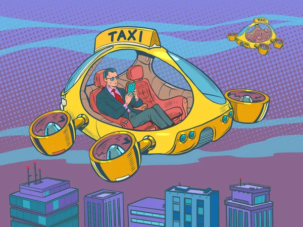 Businessman Passenger Drone Air Taxi Autopilot City Transport Helicopter Future — Stock Vector