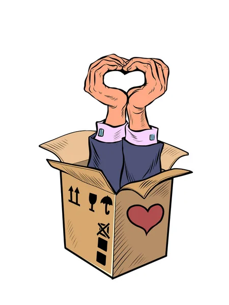 Mens Hands Heart Gesture Box Valentine Surprise Greeting Love Romance — Vettoriale Stock