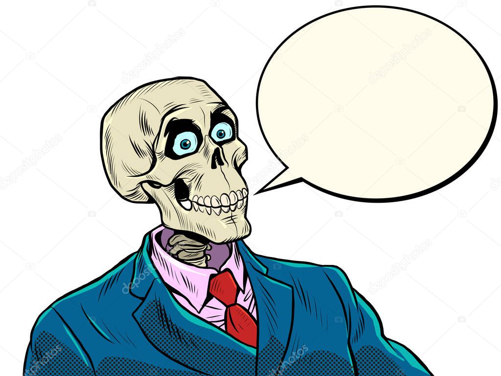 The positive skeleton of a businessman speech. Good business, positive dead man, business survival in a difficult period of the economy. Pop Art Retro Vector Illustration Kitsch Vintage 50s 60s Style