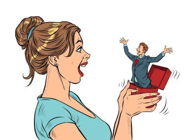 woman girl bride sees groom box valentine surprise greeting, love romance. Pop Art Retro Vector Illustration 50s 60s Vintage kitsch Style