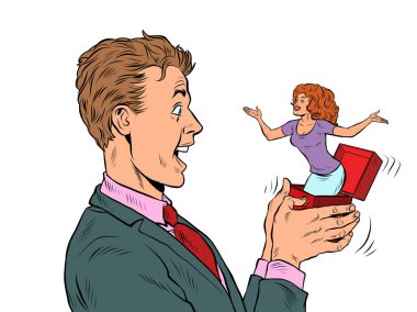 The bride and groom, the man is surprised box valentine surprise greeting, love romance. Pop Art Retro Vector Illustration 50s 60s Vintage kitsch Style