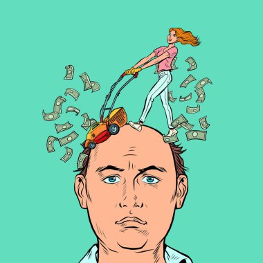 Karı koca, para yüzünden sorunlar. Pahalı bir boşanma, mali dava kavramı. Saç kesimi dolarları. Pop Art Retro vektör illüstrasyonu 50 'li 60' lı yılların klasik tarzı