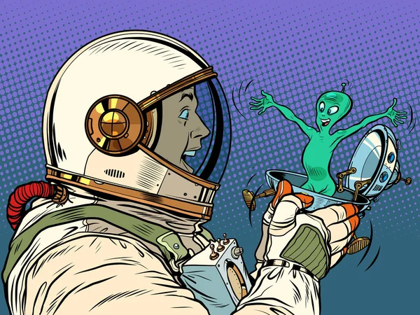 Surprised Male Astronaut Looks Alien Festive Ufo Flying Saucer Box — Stockvektor