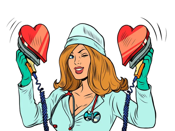 Defibrillator Nurse Resuscitates Heart Love Romance Valentine Symbol Pop Art — Stock Vector