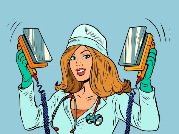 심실세동이야 간호사는 스마트폰을 사용하여 소생한다 온라인 인터넷 Pop Art Retro — 스톡 벡터
