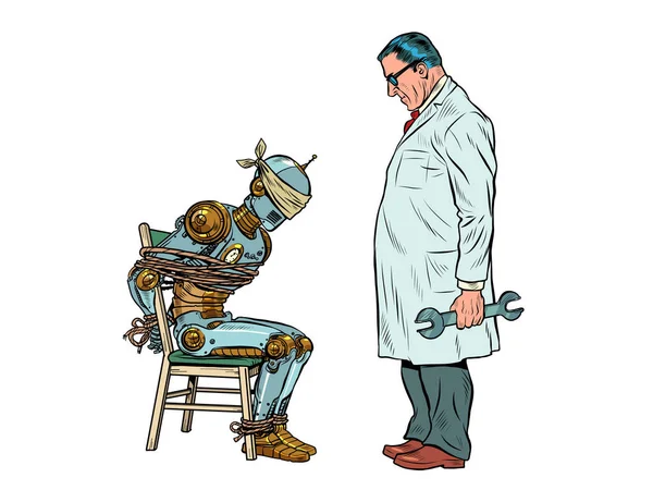 一位科学家设计师折磨并审问了一个囚犯机器人 机器人被绑在一起 眼睛紧闭着 插图50年代60年代Kitsch复古风格 — 图库矢量图片