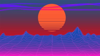 Sun Dağları soyut arkaplan 80 'ler tarzı, parlak eski moda Pop Art Retro Vector Illustration 80' ler Kitsch Vintage Style
