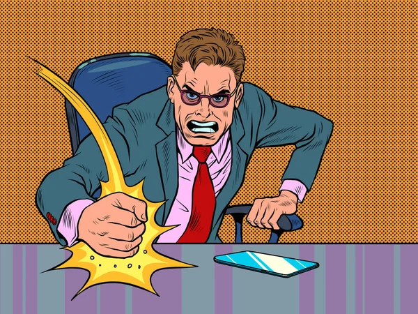悪いビジネスマンの上司は拳でテーブルにぶつかる オフィスでの感情 怒ってるボス ポップアートレトロベクトルイラスト 50年代ヴィンテージキッチュスタイル — ストックベクタ