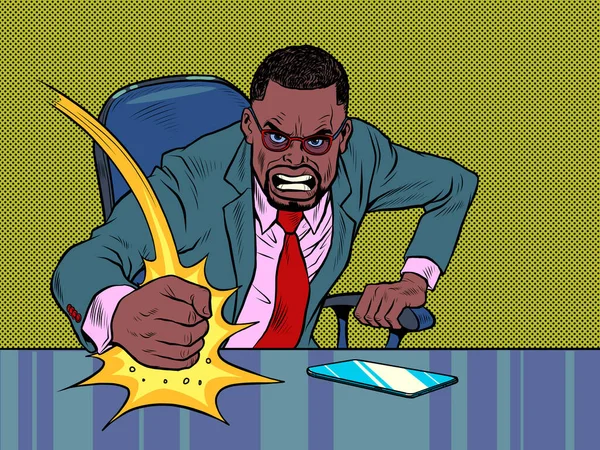 Kötü Afrikalı Adamı Patronu Masaya Yumruğuyla Vuruyor Ofisteki Duygular Kızgın — Stok Vektör