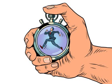 İş adamı geç saatte spor kronometresi çalıştırıyor, hız ölçer. Zaman aralığı okları doğru bir araçtır. Pop Art retro vektör illüstrasyon karikatürü 50 'lerin 60' ların klasik klasiklerini çalıştır