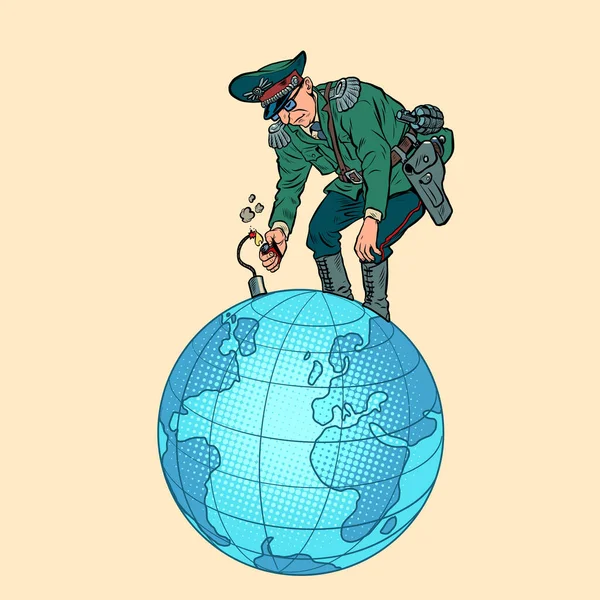 Warmonger Planeta Terra Está Perigo Guerra Soldados Militaristas Militares Acendem —  Vetores de Stock