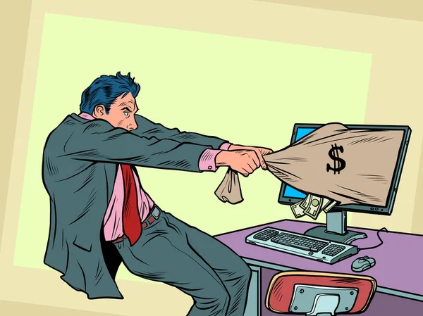 ビジネスマンはインターネットからお金を引き出す 電子マネーの袋を持った男 ポップアートレトロベクトルイラスト漫画のカリカチュア50 60年代スタイルのヴィンテージキッチュ — ストックベクタ