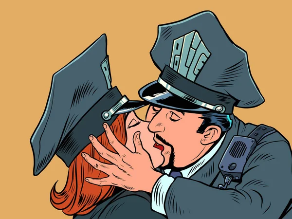 警察官警官 正義と法律愛のカップル 男と女のキス ポップアートレトロベクトル イラスト50 Ktsch Vintage Style — ストックベクタ
