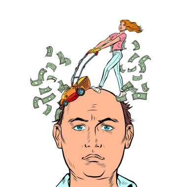 Karı koca, para yüzünden sorunlar. Pahalı bir boşanma, mali dava kavramı. Saç kesimi dolarları. Pop Art Retro vektör illüstrasyonu 50 'li 60' lı yılların klasik tarzı