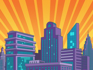 Yüksek binalardan oluşan modern şehir gökdelenleri, şehir arkaplanı. Pop art retro vektör illüstrasyon karikatürü 50 'lerin stili 60' ların klasik klişesi
