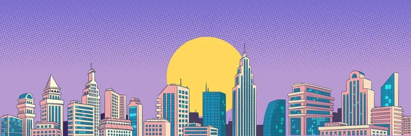 日没や日の出高層ビルの高層ビルの近代的な都市のパノラマ 都市の背景 ポップアートレトロベクトルイラスト漫画のカリカチュア50 60年代スタイルのヴィンテージキッチュ — ストックベクタ