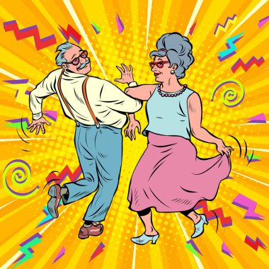Yaşlı çift yaşlı adam ve yaşlı kadın dans ediyor. Emekliler dinleniyor. Yaşam tarzı. Müzik ve sanat. Pop art retro vektör illüstrasyon klasikleri 50 'lerin 60' ların tarzı