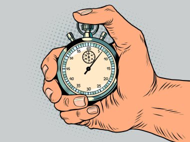El parmağı spor kronometresi, hız ölçer. Zaman aralığı okları doğru bir araçtır. Pop Art retro vektör illüstrasyon karikatürü 50 'lerin 60' ların klasik klasiklerini çalıştır