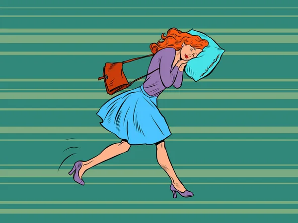 Zmęczona Bizneswoman Śpi Ruchu Rano Idzie Pracy Głową Poduszce Pop — Wektor stockowy
