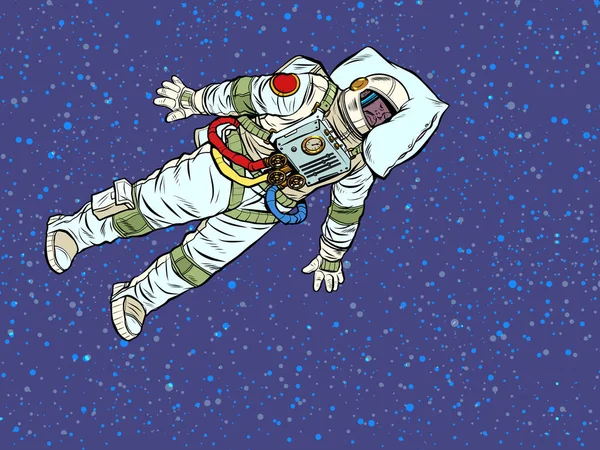 疲れた宇宙飛行士は宇宙空間で眠っている 専門家は枕の上で彼の頭と仕事で寝る ポップアートレトロベクトルイラスト 50年代ヴィンテージキッチュスタイル — ストックベクタ
