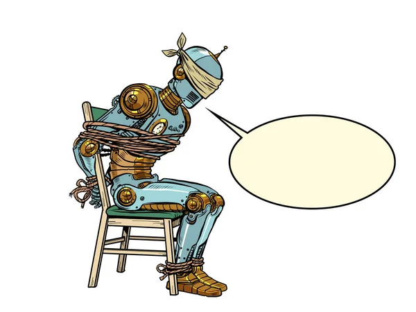 Sorguda yakalanmış bir robot. Yapay zeka işkencesi. Bir kişiye karşı şiddet, hak ihlali. Pop Art Retro vektör illüstrasyonu 50 'li 60' lı yılların klasik tarzı