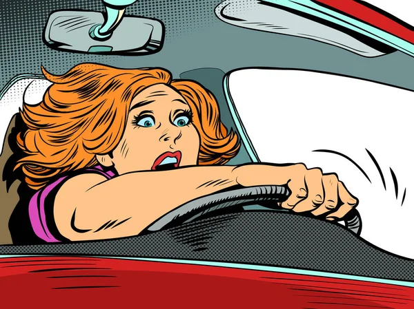 Mujer Asustada Conduciendo Velocidad Carretera Las Emociones Del Conductor Las — Vector de stock