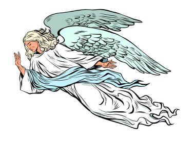 Erkek melek uçuyor, Hıristiyan dini yaratık. Kederin ve üzüntünün sembolü. Pop art retro vektör illüstrasyon klasikleri 50 'lerin 60' ların tarzı