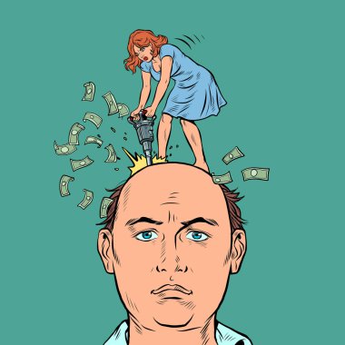 Bir erkek ve bir kadın boşanıyor, boşanma süreci bir kavram, kafasında kaya matkabı olan bir kadın. Pop Art Retro Vector Illustration 50 'li 60' lı yılların klasik tarzı