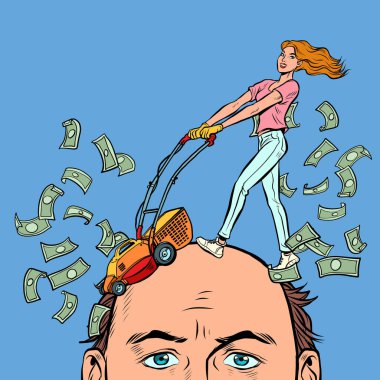 Karı koca, para yüzünden sorunlar. Pahalı bir boşanma, mali dava kavramı. Saç kesimi dolarları. Pop Art Retro vektör illüstrasyonu 50 'li 60' lı yılların klasik tarzı