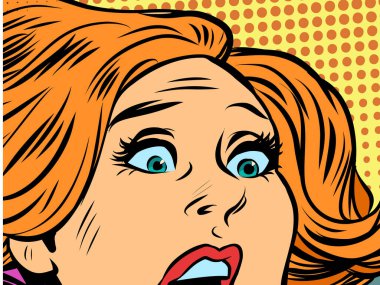 Korkmuş kadın. İnsan duyguları endişe tehlikesinden korkar. Tehlike çığlığı. Pop Art Retro Vector İllüstrasyon Kitsch Vintage 50 'ler 60' lar Biçimi