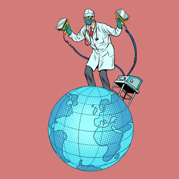 Doutor Ressuscita Planeta Terra Com Choque Elétrico Desfibrilador Ecologia Política — Vetor de Stock