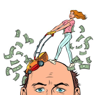 Karı koca, para yüzünden sorunlar. Pahalı bir boşanma, mali dava kavramı. Saç kesimi dolarları. Pop Art Retro vektör illüstrasyonu 50 'li 60' lı yılların klasik tarzı