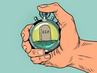 Ölüm plakası. Yaşam sona erdi. Spor kronometresi, hız ölçer. Zaman aralığı okları doğru bir araçtır. Pop Art retro vektör illüstrasyon karikatürü 50 'lerin 60' ların klasik klasiklerini çalıştır
