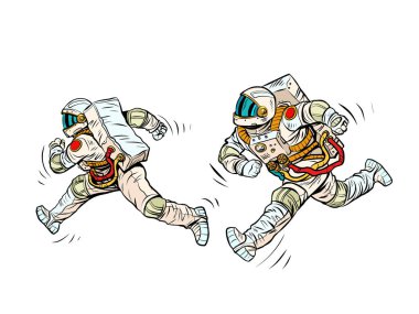 Astronotlar koşuyor, bir uzay yarışı. Spor ve sağlıklı bir yaşam tarzı. Uzay kıyafetleri giymiş insanlar. Pop Art Retro Vector İllüstrasyon Kitsch Vintage 50 'ler 60' lar Biçimi