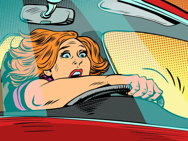 Mulher Assustada Dirigindo Velocidade Estrada Emoções Motorista Regras Estrada Acidente —  Vetores de Stock
