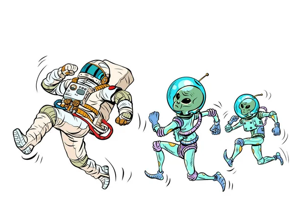 Les Aliens Poursuivent Astronaute Enlèvement Ovni Ufologie Pop Art Retro — Image vectorielle