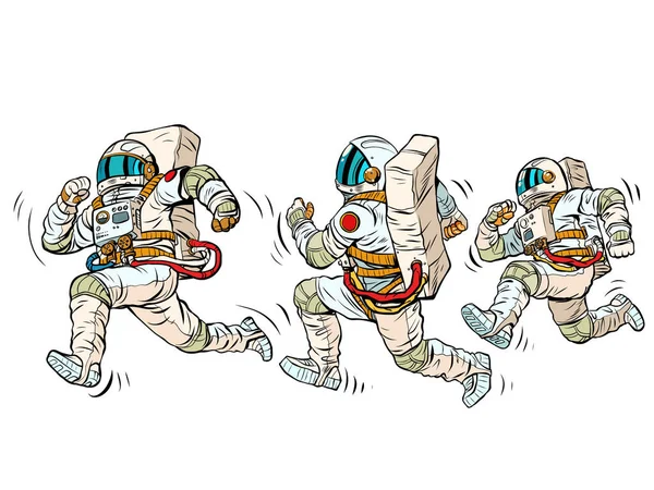 宇宙飛行士が走っている宇宙開発競争だ スポーツと健康的なライフスタイル 宇宙服の人々 ポップアートレトロベクトルイラスト Kitsch Vintage Style — ストックベクタ