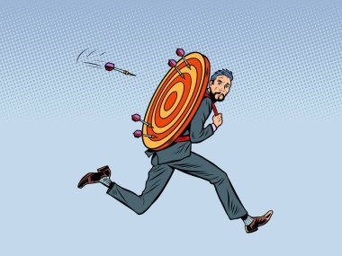 businessman man target runs away target dart target accuracy competition, sports fun and recreation. Pop art retro vector illustration comic caricature 50s 60s style vintage kitsch