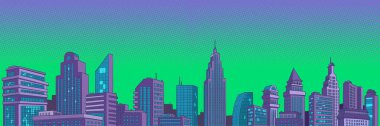 Yüksek binalardan oluşan modern şehir gökdelenleri, şehir arkaplanı. Pop art retro vektör illüstrasyon karikatürü 50 'lerin stili 60' ların klasik klişesi