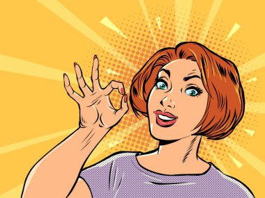 woman businesswoman OK gesture, quality recommendation, hand gesture, advertisement announcement. pop art retro vector illustration kitsch vintage 50s 60s style