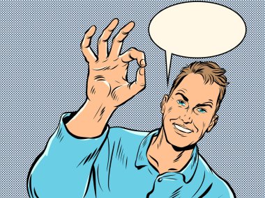 Erkek jesti, kalite tavsiyesi, el hareketi, reklam duyurusu. Popüler sanat retro vektör illüstrasyon klasikleri 50 'lerin 60' ların tarzı