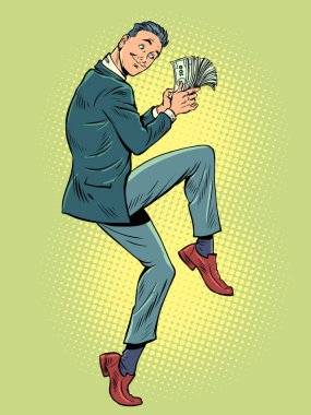 Komik pozlar veren bir iş adamı. Bir tomar nakit parası olan bir iş adamı. gelir ödülü piyangosunu finanse etmek. Popüler sanat retro vektör illüstrasyon klasikleri 50 'lerin 60' ların tarzı