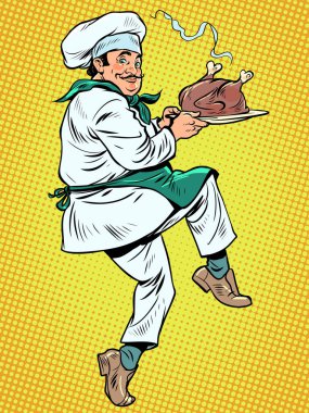 Fırında hindi pişirmek, kümes hayvanları pişirmek ve kızartmak. Restoranda profesyonel işçi. Popüler sanat retro vektör illüstrasyon klasikleri 50 'lerin 60' ların tarzı