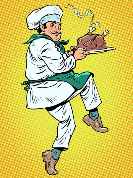 ロースト ターキー 鶏肉料理と焙煎 レストランのプロの労働者と料理をします ポップアートレトロベクトルイラストキッチュヴィンテージ50年代スタイル — ストックベクタ