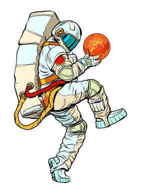 Gezegen Mars 'ı elinde tutan astronot, uzay iş alanı keşfi ve bilim. Komik duruşu olan bir adam. Popüler sanat retro vektör illüstrasyon klasikleri 50 'lerin 60' ların tarzı